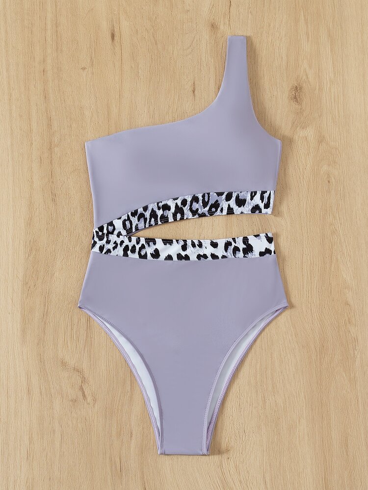 Leopard Trim Cut-out One Shoulder One Piece Swimsuit - Dusty Purple - View 6