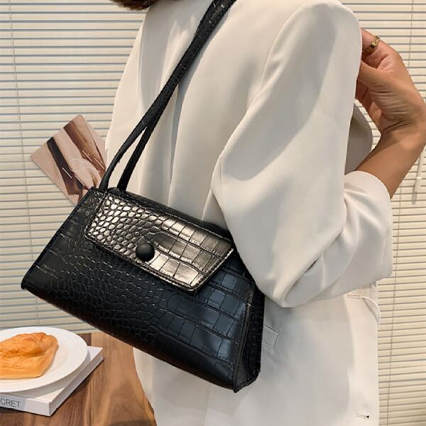 

Minimalist Croc Embossed Flap Baguette Bag, Black