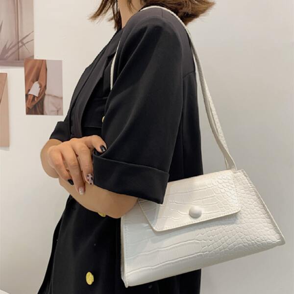 

Minimalist Croc Embossed Flap Baguette Bag, White