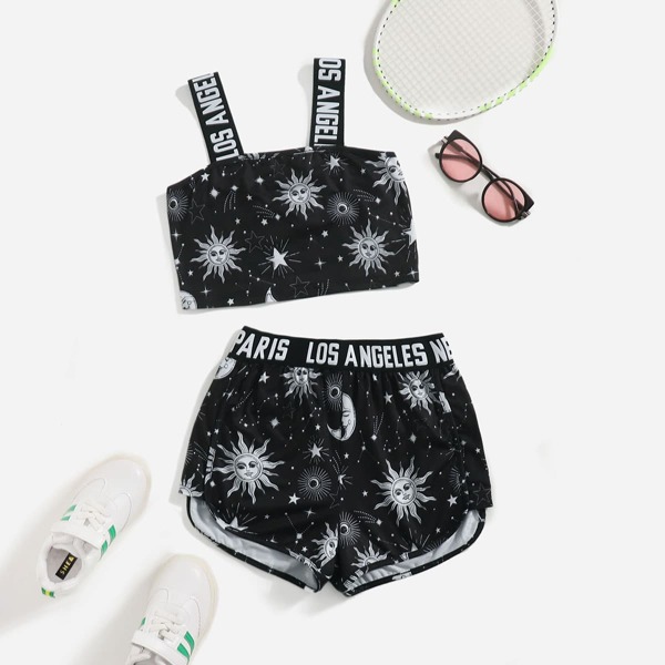 

Girls Moon And Star Print Letter Tape Panel Cami Top & Shorts, Black
