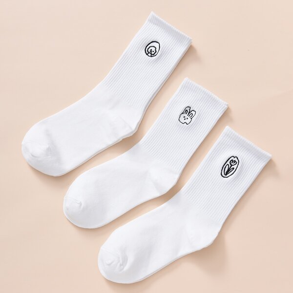 

3pairs Cartoon Embroidery Crew Socks, White