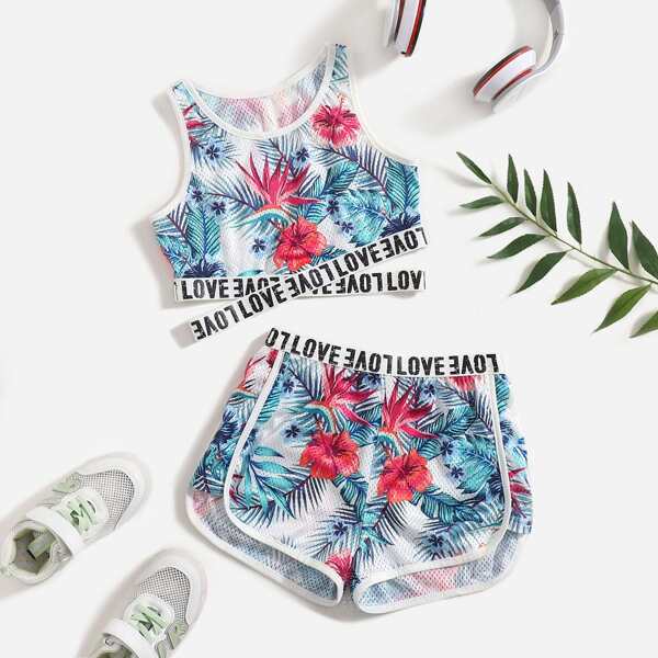 

Girls Tropical Print Letter Tape Tank Top & Track Shorts, Multicolor