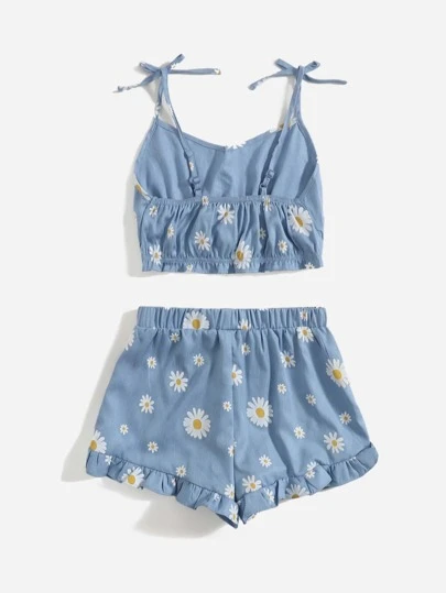 SHEIN Conjunto De Corpiño De Camisola Y Shorts Para Niñas En Edad Tween Con Diseño De Margaritas, Tirantes Con Lazo Y Borde De Volantes