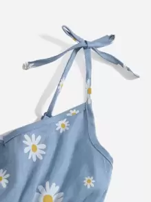 SHEIN 少女菊花印花綁帶肩帶荷葉邊背心和短褲套裝 - 藍色 - 查看 3