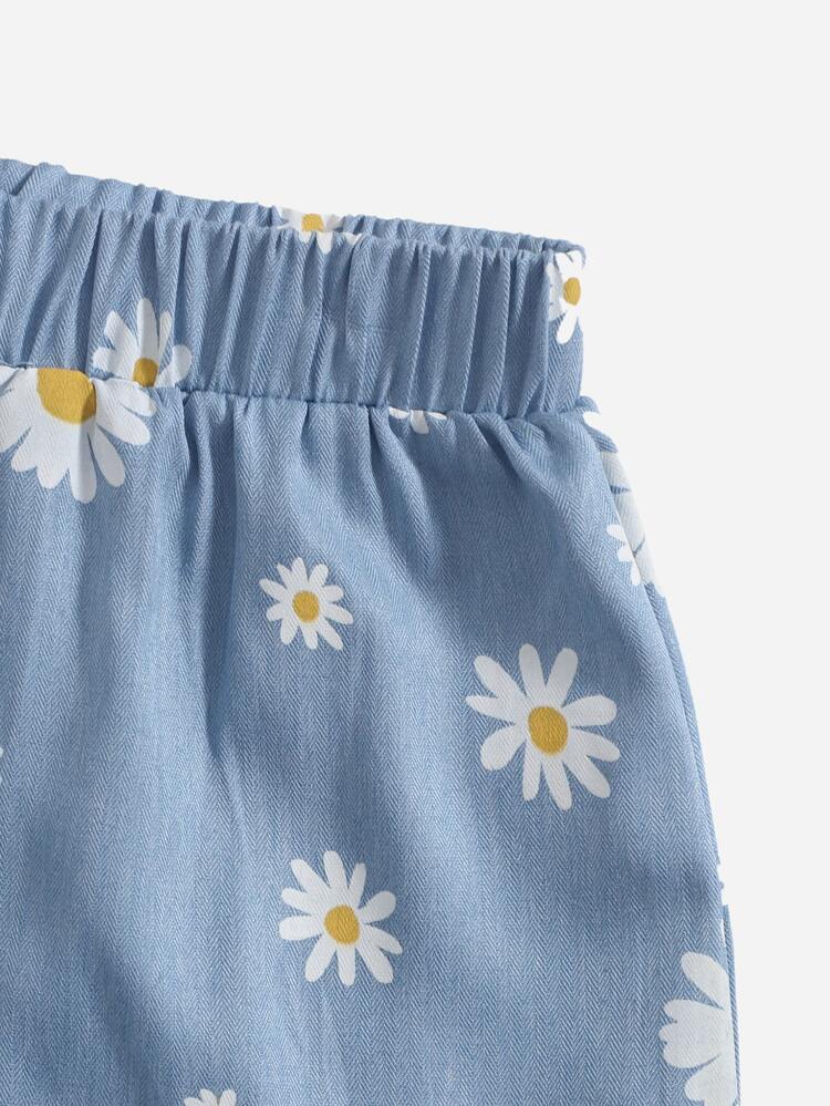 Tween Girl Daisy Print Tie Shoulder Frill Trim Cami Top & Shorts Set