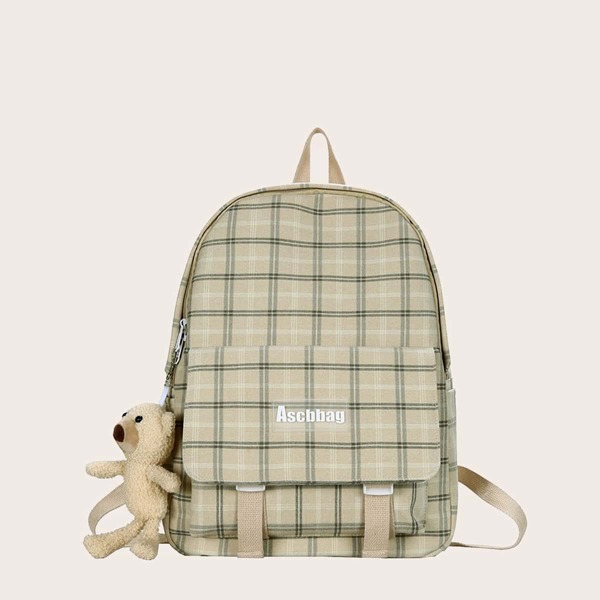 

Doll Decor Pocket Front Plaid Pattern Backpack, Khaki