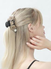 Faux Pearl & Flower Decor Hair Claw - Multicolor - View 1