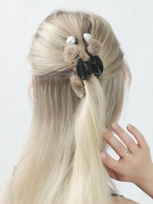 Faux Pearl & Flower Decor Hair Claw - Multicolor - View 2