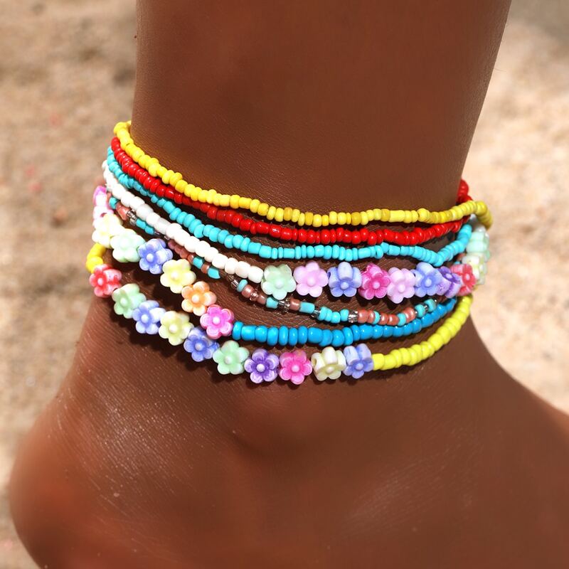 

7pcs Floral Decor Beaded Anklet, Multicolor