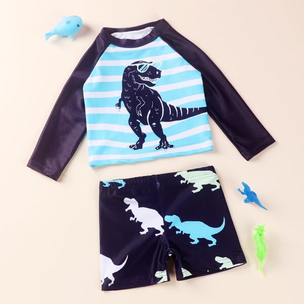 

Baby Boy Striped & Dinosaur Print Two Piece Swimsuit, Multicolor