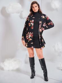 SHEIN Clasi Plus Floral Print Open Front Coat In Fall/Winter - Black - View 2