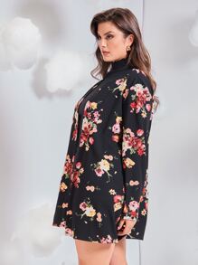 SHEIN Clasi Plus Floral Print Open Front Coat In Fall/Winter - Black - View 4
