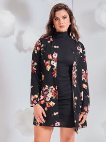 SHEIN Clasi Plus Floral Print Open Front Coat In Fall/Winter - Black - View 1