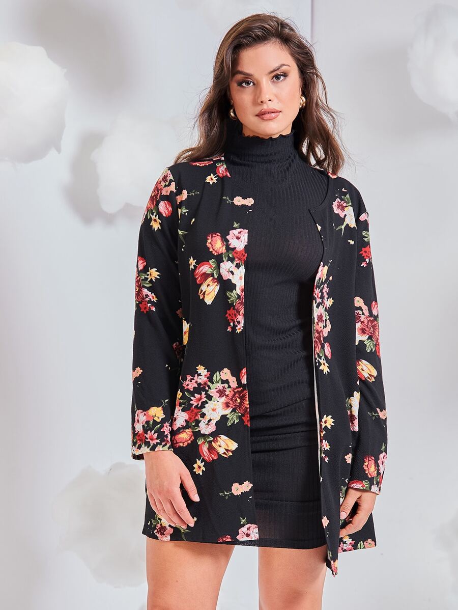SHEIN Clasi Plus Floral Print Open Front Coat In Fall/Winter - Black - View 1