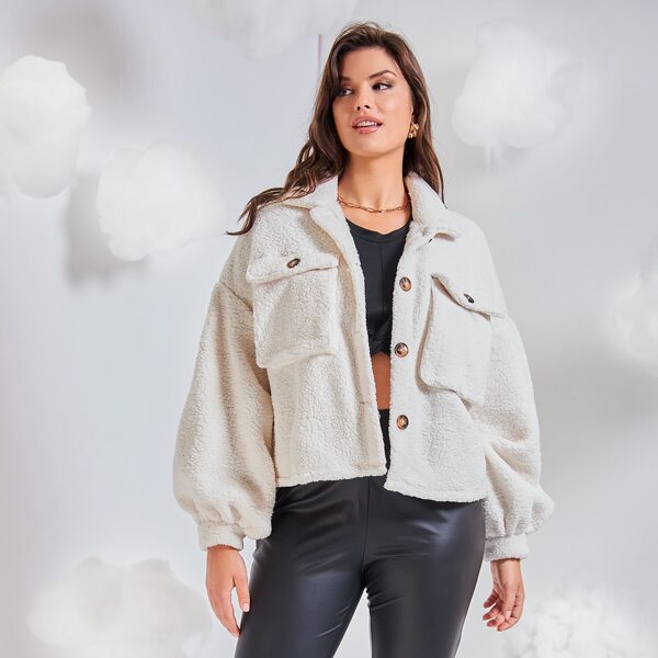 

Plus Flap Pocket Drop Shoulder Lantern Sleeve Teddy Jacket, Beige
