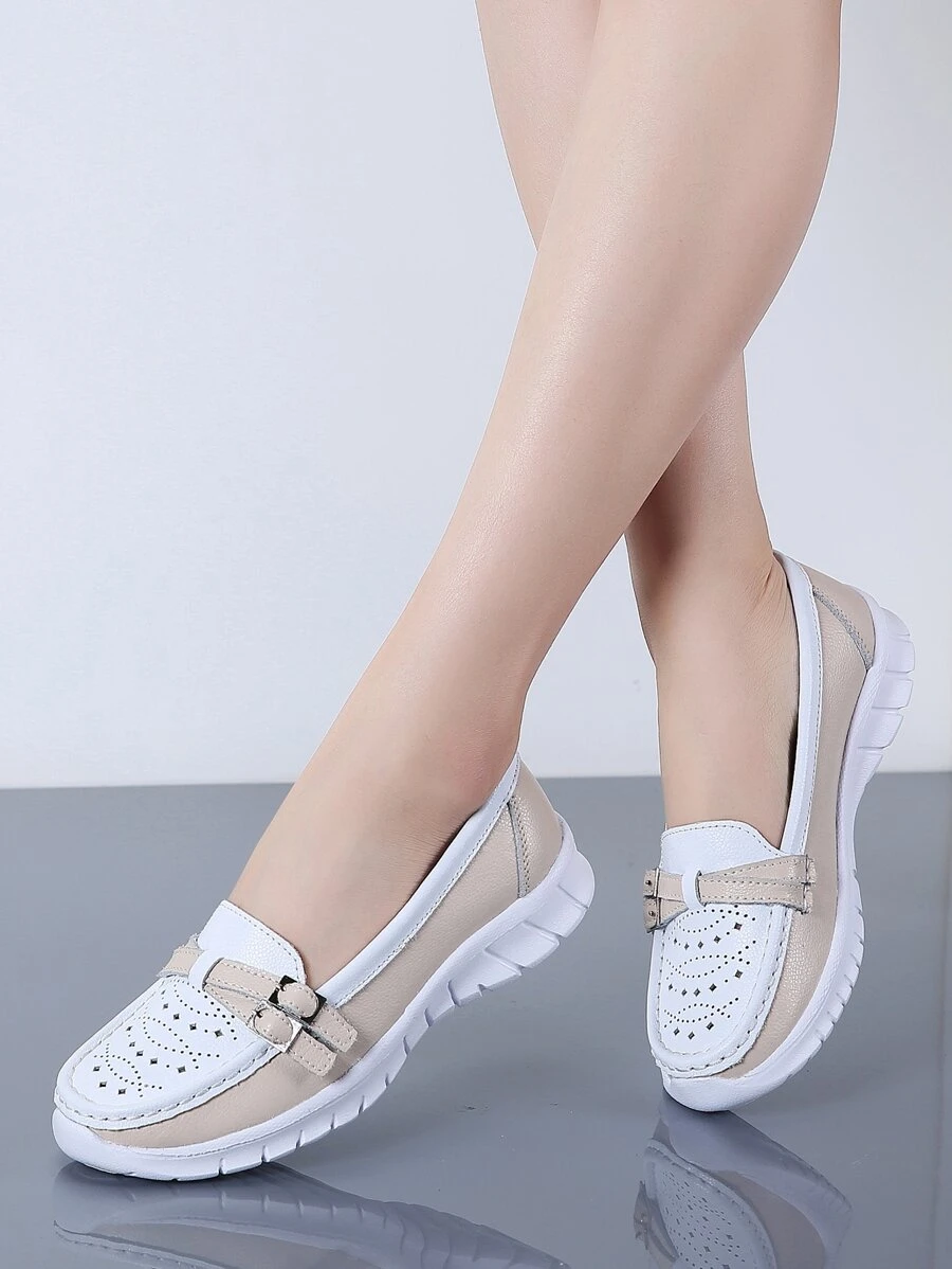 Two Tone Cut Out Slip On Sneakers - Beige - View 1