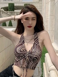 Abstract Stripe Drawstring Crop Halter Top