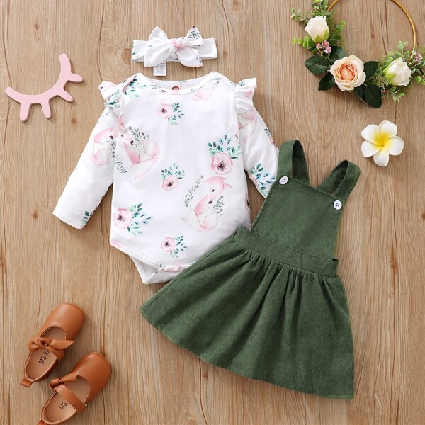 

Baby Girl Cartoon And Floral Print Bodysuit & Overall Dress & Headband, Multicolor