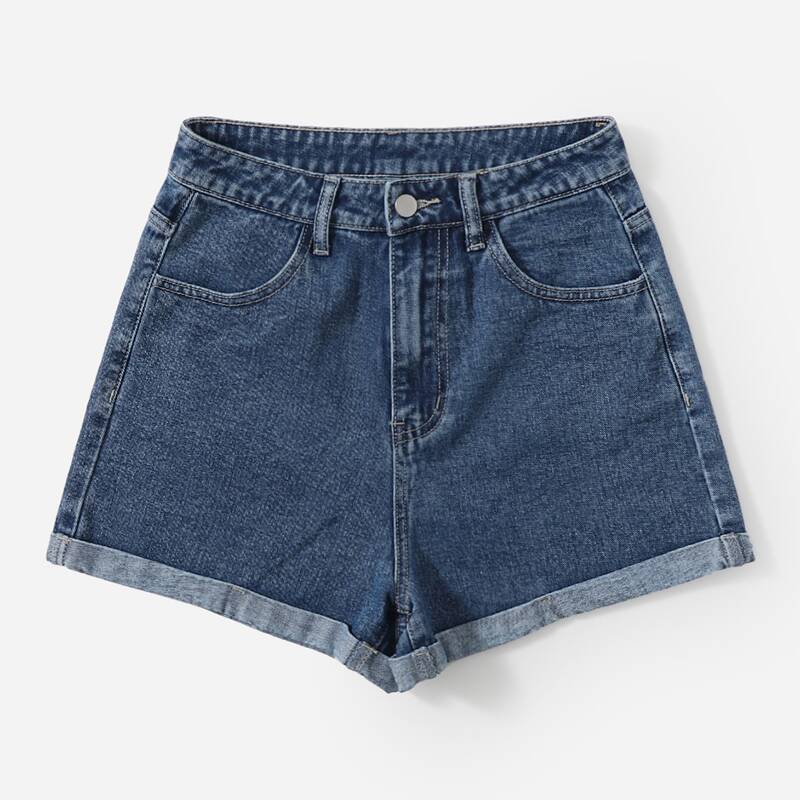 

Slant Pocket Roll Up Hem Denim Shorts, Medium wash