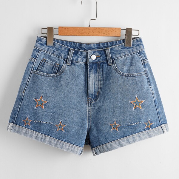 

Star Embroidery Cuffed Denim Shorts, Medium wash