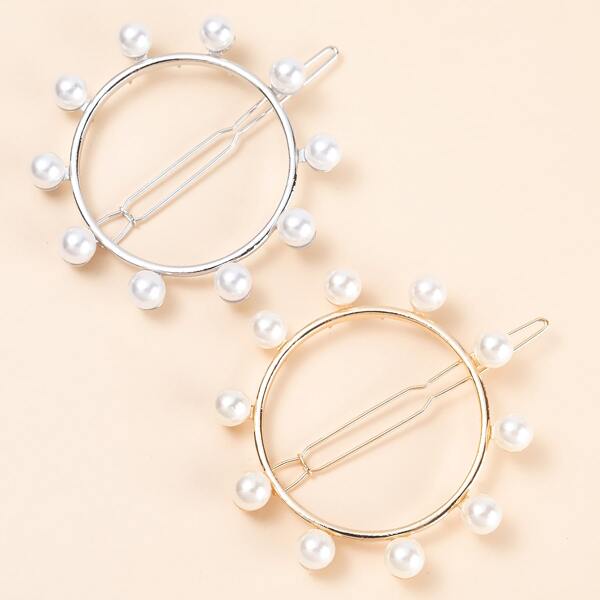 

2pcs Faux Pearl & Round Decor Hair Clip, Multicolor