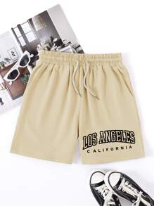 SHEIN Unity Shorts track con estampado de letra de cintura con cordón - Beis - Ver 1