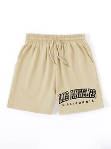 SHEIN Unity Shorts track con estampado de letra de cintura con cordón - Beis - Ver 5