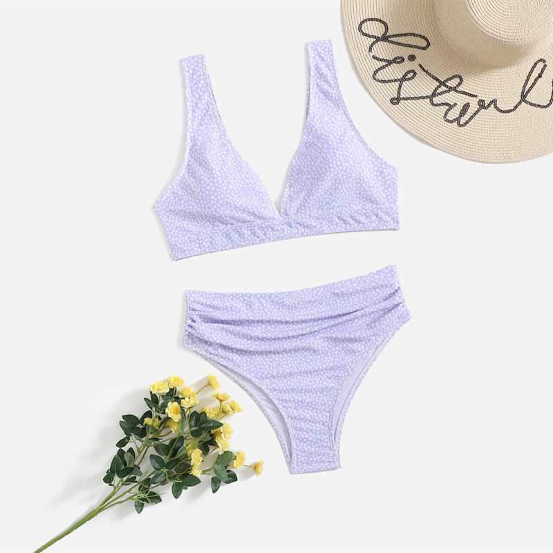 

Dalmatian Ruched V Neck Bikini Swimsuit, Lilac purple