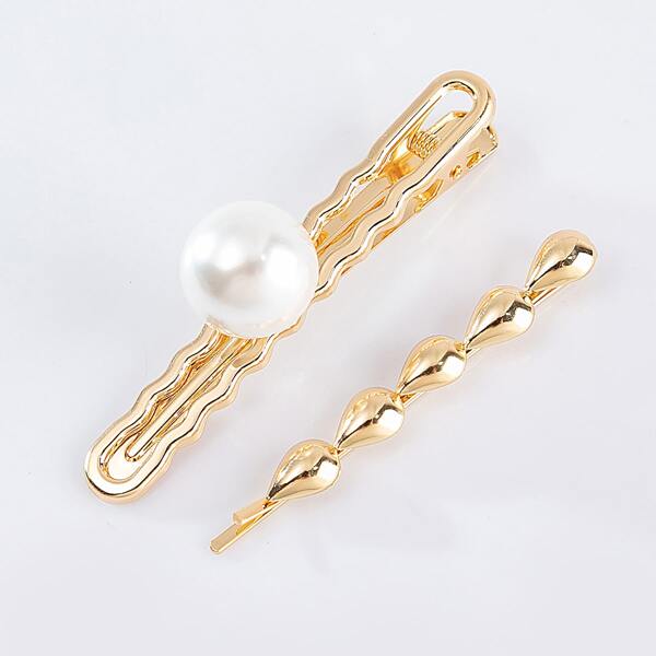 

2pcs Faux Pearl Decor Hair Clip, Gold