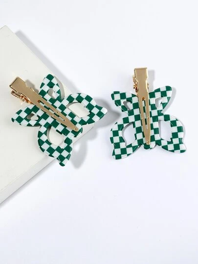 2pcs/Set Unique Acetate Plaid Butterfly Side Bangs Hair Clips, Suitable For Daily, Outdoor, Street, Campus, Valentine's Day Gift, Party, Fashion Versatile Hair Accessories For Girls