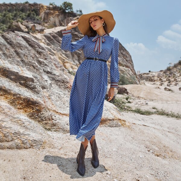 

Geo Print Tie Neck A-line Dress Without Belt, Blue