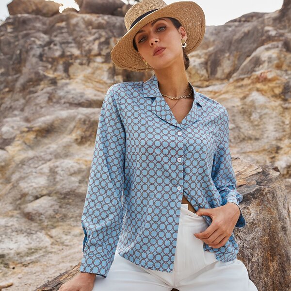 

All Over Print Lapel Neck Button Up Blouse, Blue