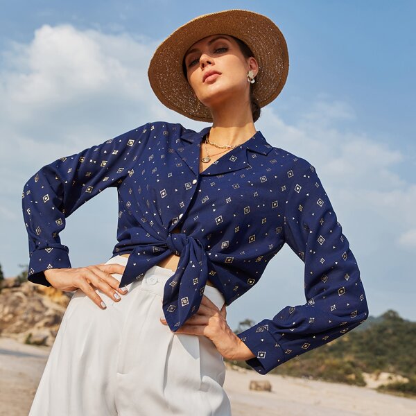 

Geo Print Button Front Blouse, Navy blue