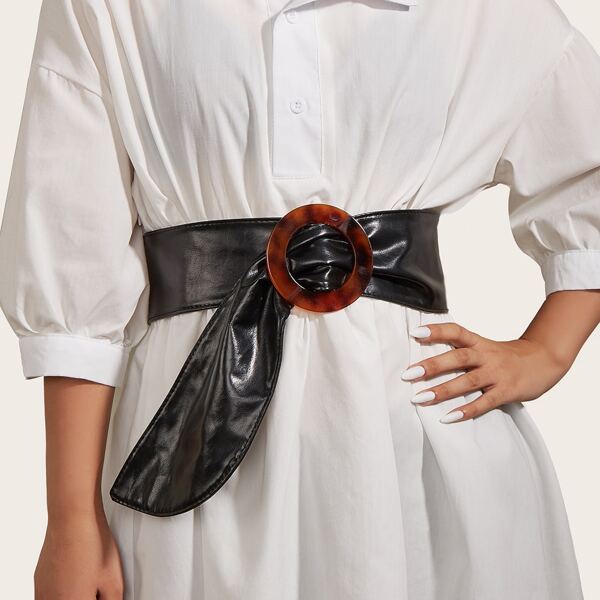 

Round Buckle PU Leather Belt, Black