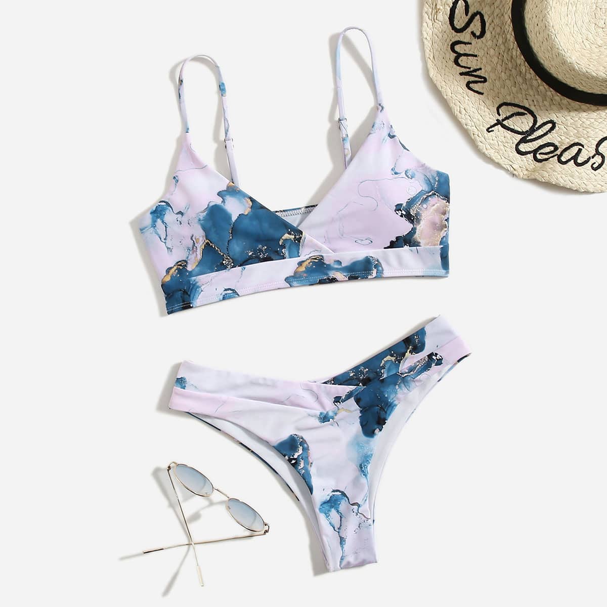 

Marble Print High Cut Bikini Swimsuit, Multicolor