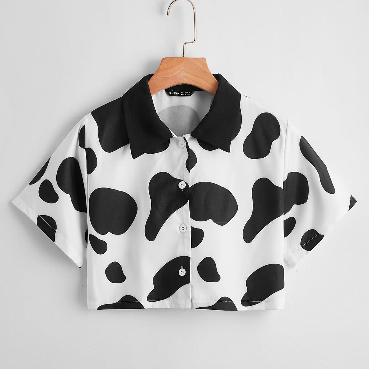 

Cow Print Button Front Crop Blouse, Black and white