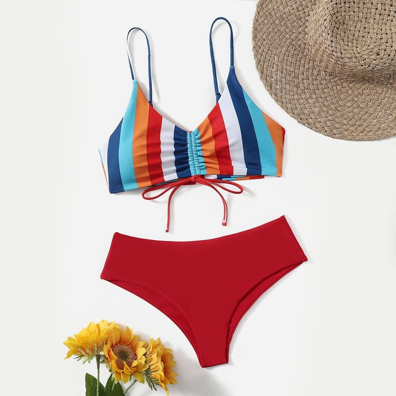 

Striped Drawstring Front Bikini Swimsuit, Multicolor