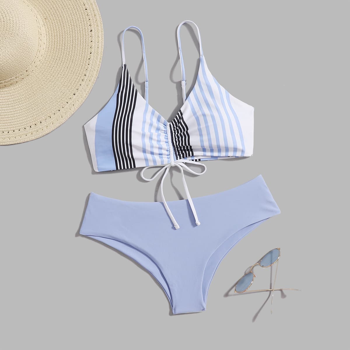 

Striped Drawstring Front Bikini Swimsuit, Multicolor