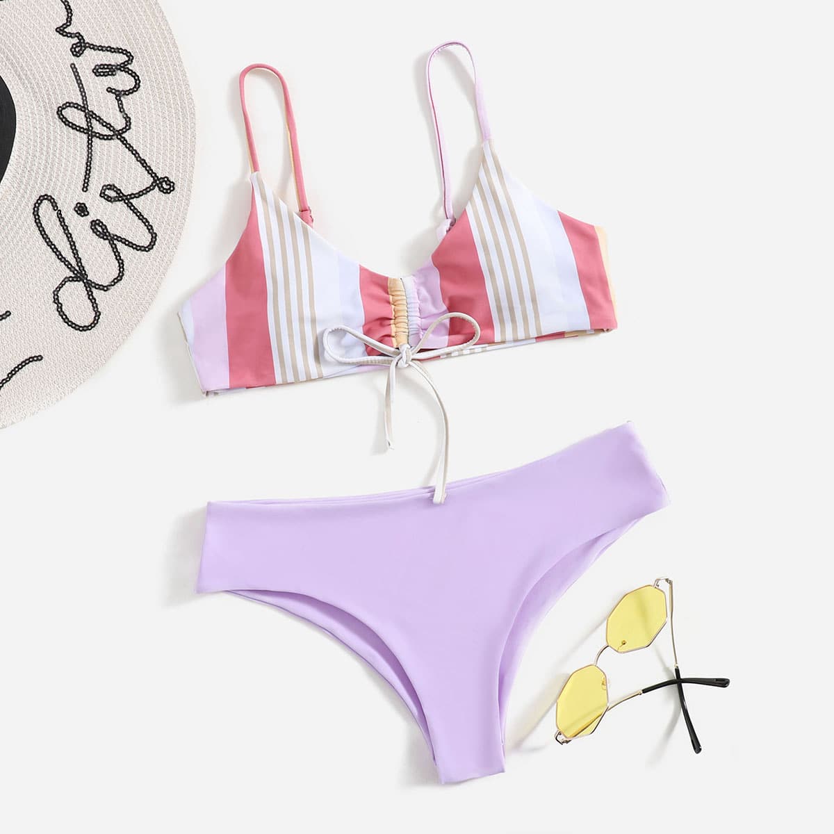 

Striped Drawstring Front Bikini Swimsuit, Multicolor