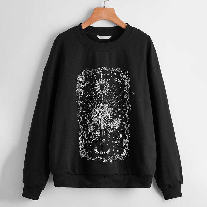 Sun & Floral Graphic Sweatshirt, Black