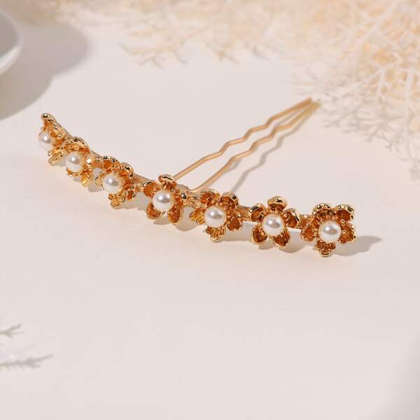 

Faux Pearl Flower Decor Hair Pin, Gold