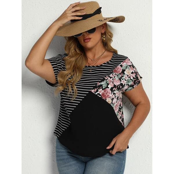 

Plus Floral & Stripe Print Blouse, Multicolor