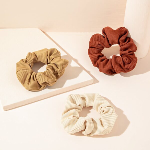 

3pcs Solid Pleated Scrunchie, Multicolor