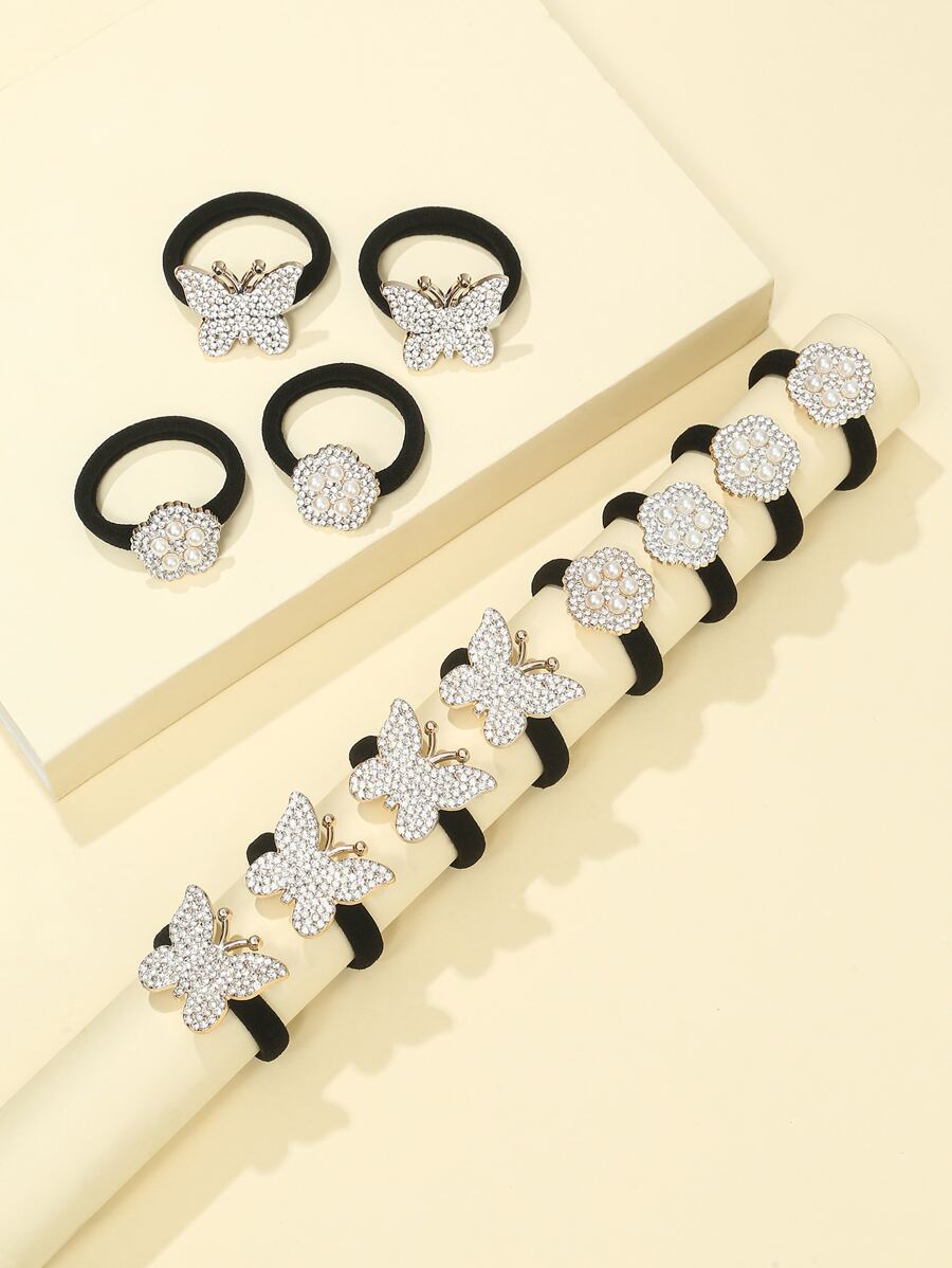 12 قطعة ربطات شعر مزينة بالراين على شكل فراشة ملكية، إكسسوارات شعر زهرية للشاطئ، حامل ذيل الحصان للشاطئ، ربطات شعر مطاطية، أربطة شعر مموجة، حبال شعر مطاطية، إكسسوارات رأس - الأسود - مشاهدة 1