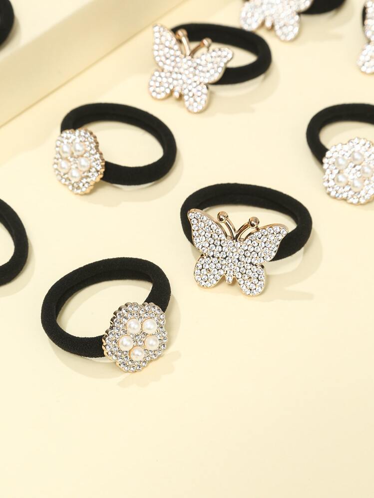 12pcs Rhinestone Decor Hair Tie Royal Butterfly ,Beach Outfit,Beach Hair Flower Accessories,Beach Vacation Ponytail Holders Hair Elastics Hair Rubber Bands Scrunchies Hair Rope Elastic Hair Tie, Hair Bobbles Head Accessories Elastic Band - Black - View 3