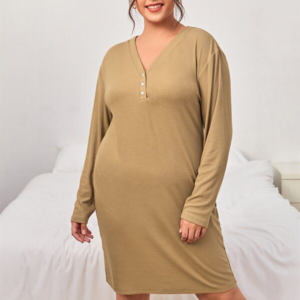 

Plus Half Button Nightdress, Khaki