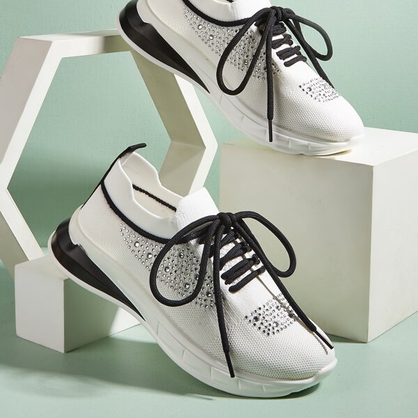 

Rhinestone Decor Lace-up Front Chunky Running Shoes, Black and white