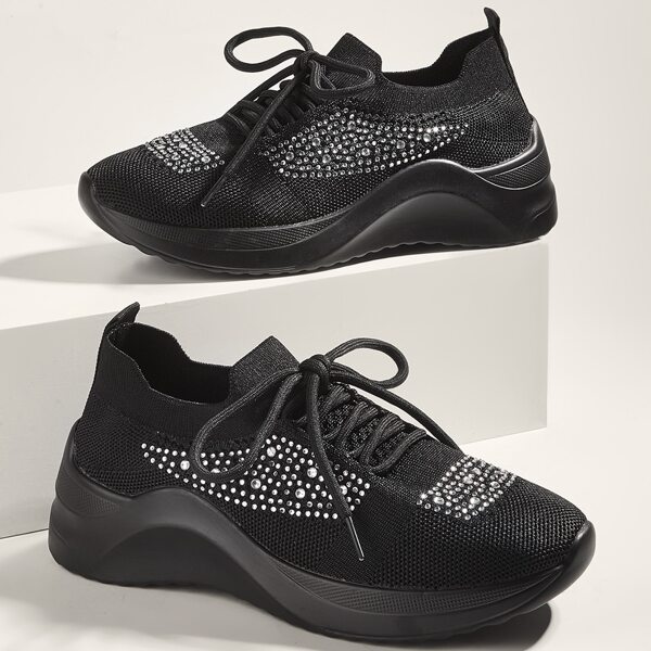 

Rhinestone Decor Lace-up Front Chunky Running Shoes, Black