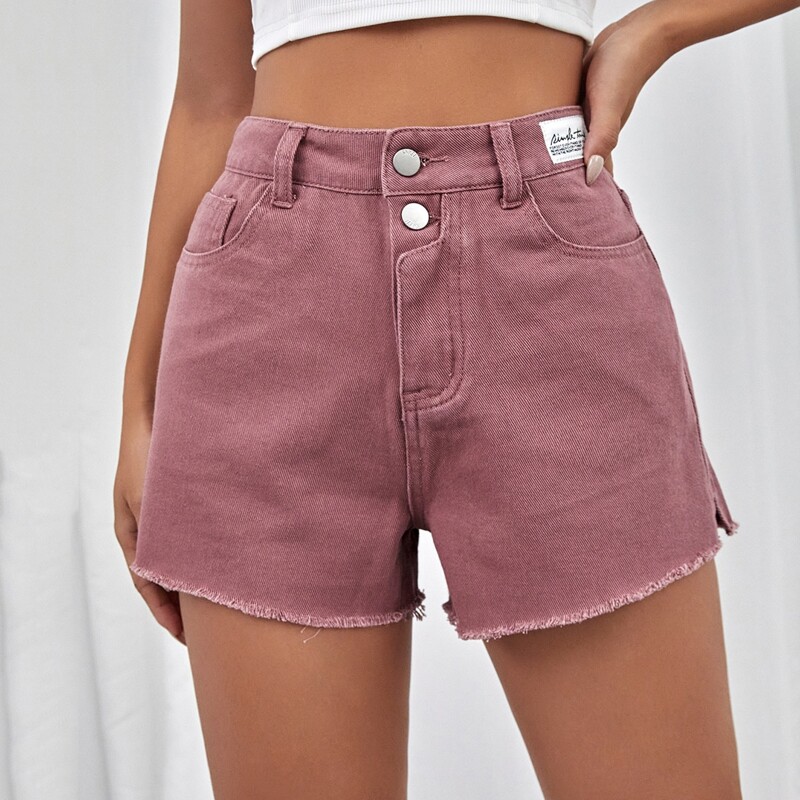 

Button Fly Raw Hem Denim Shorts, Purple