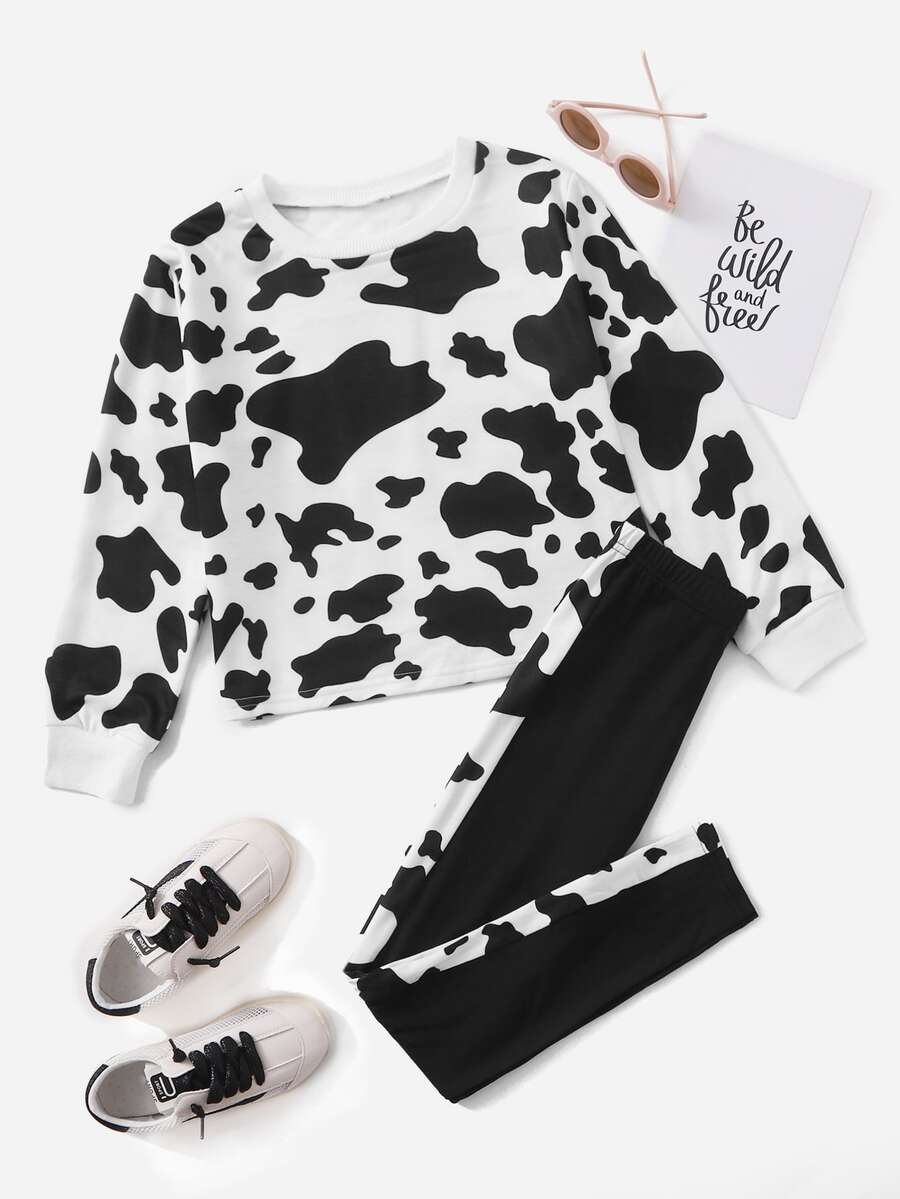 SHEIN Niñas con estampado de vaca Top & Pantalones - Blanco y Negro - Ver 1